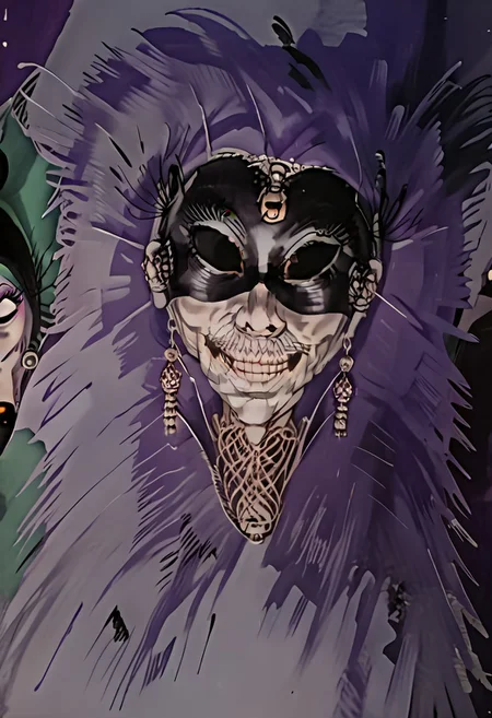 masterpiece, best quality, amazing quality, very aesthetic, high resolution, ultra-detailed, absurdres, mature female,  a cover of a larry brent novel, illustration \(genre\), pulp art \(style\) , macabre, spooky, horror \(theme\), Yzma, Purple Skin, Old Woman, Gilf, Earrings, V3net1an_m1ask, mask, mysterious mask, Carnival mask, mask, Venetian mask, mysterious mask, luxurious,