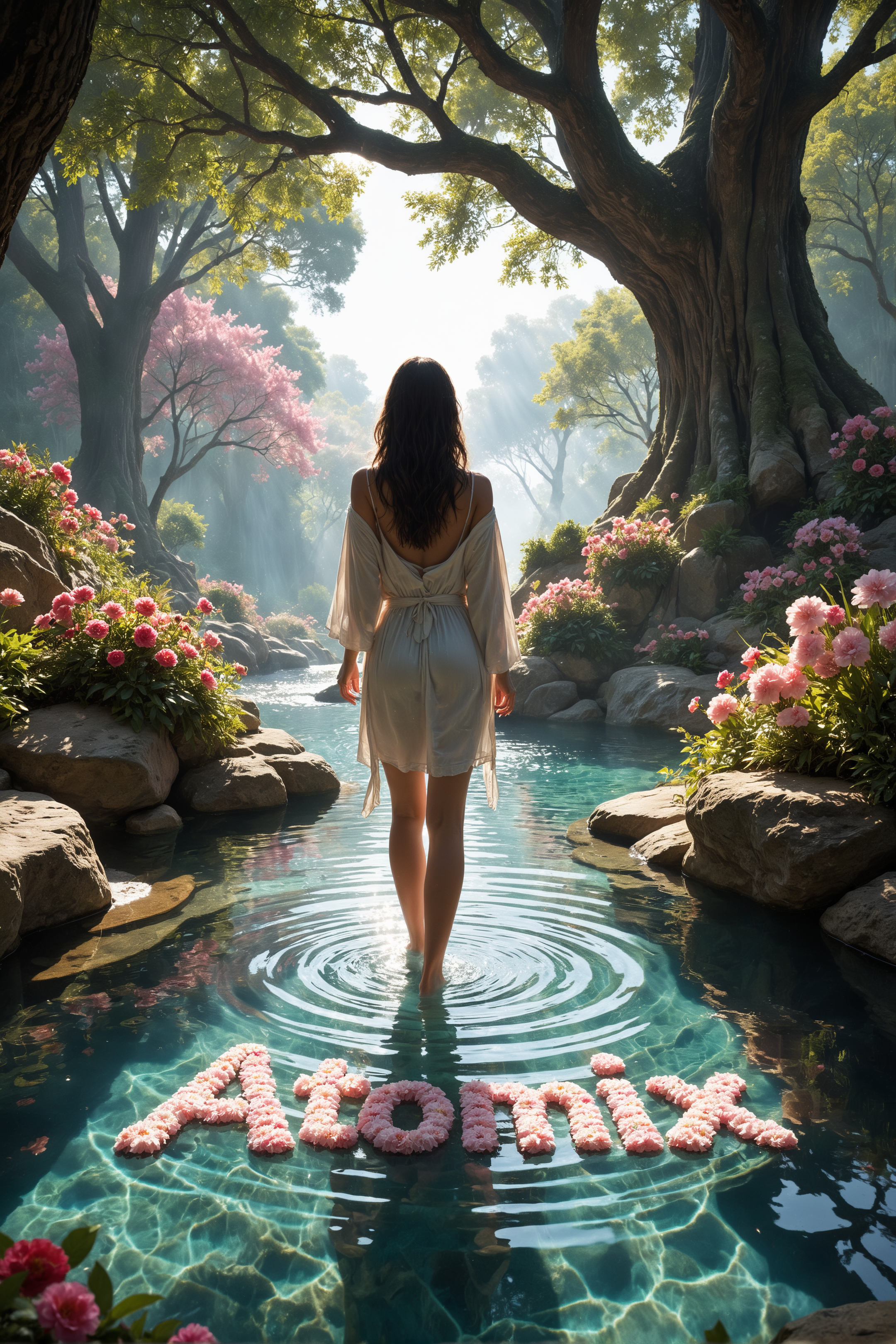 Highly detailed and realistic.a girl is seen from behind in a low-angle shot as she steps out of a crystal-clear pool in a lush, enchanted sanctuary.She was wearing a robe, and her delicate figure is draped in soft natural light. The surrounding nature is vibrant and serene, with blooming flowers, towering ancient trees, and gentle sunlight filtering through the leaves. The water ripples behind her as she leaves the pool, adding to the magical and tranquil atmosphere of the nature sanctuary.The words "Atomix" were stacked with petal on the water