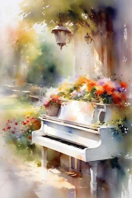 <lora:Willem Haenraets Style:1>Willem Haenraets Style - Garden. Many colors. Bench. White piano. Romantic watercolor. Painting in the style of Willem Haenraets.