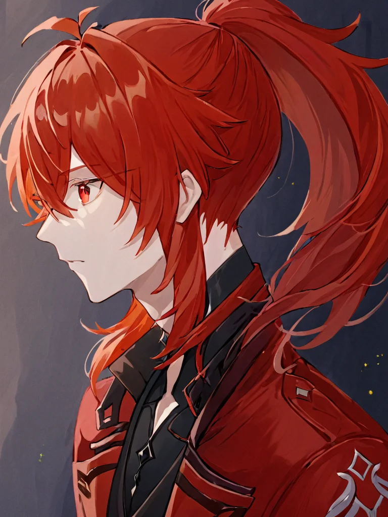 <lora:diluc2_xl:1>,diluc (genshin impact), 1boy, male focus, red hair, solo, red eyes, long hair, ponytail, hair between eyes, bangs, official alternate costume, closed mouth, shirt, jacket, black shirt, upper body, looking to the side, sidelocks, coat, red coat, looking at viewer, red jacket