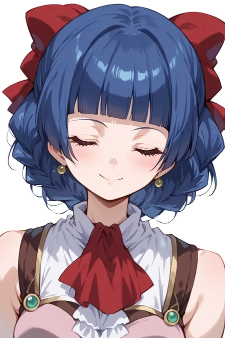score_9, score_8_up, score_7_up, score_6_up,
  <lora:Mamiina:1> mamiina, 1girl, solo, closed eyes, jewelry, bow, earrings, anime coloring, blue hair, hair bow, smile, blunt bangs, bangs, ascot, red bow, blush