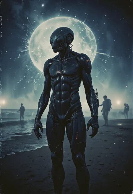Dark influences. An alien from the constellation Alpha Centauri.. Darkness is an evil entity, creepypasta. Niko Anttila. Jeremy Mann, Charles Dana Gibson, Mark Demsteder, Paula Headley, mysterious modern vintage. futuristic, epic sci-fi style. photographic negative refractograph --ar 8:10 -- in 6.0.(full body shot, wide angle, centered, no cropping) - ar 9:16 - ar 1:2