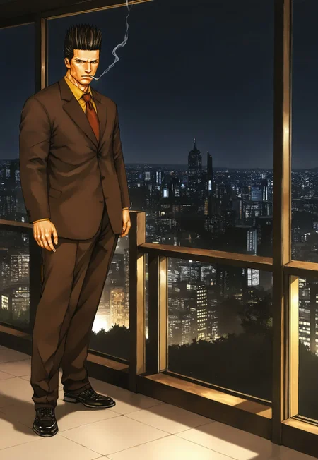 safe_pos, masterpiece, best quality, amazing quality, very aesthetic, absurdres, newest, jhunteribilxl, jhunterilxl, 1boy, male focus, mature male, clean shaven, tall raised hair, brown hair, red necktie, brown suit, toned male, tall, yellow shirt, brown eyes, black shoes, full body, night, cityscape, serious expression, view from the side, smoking, standing pose, cigarette, solo