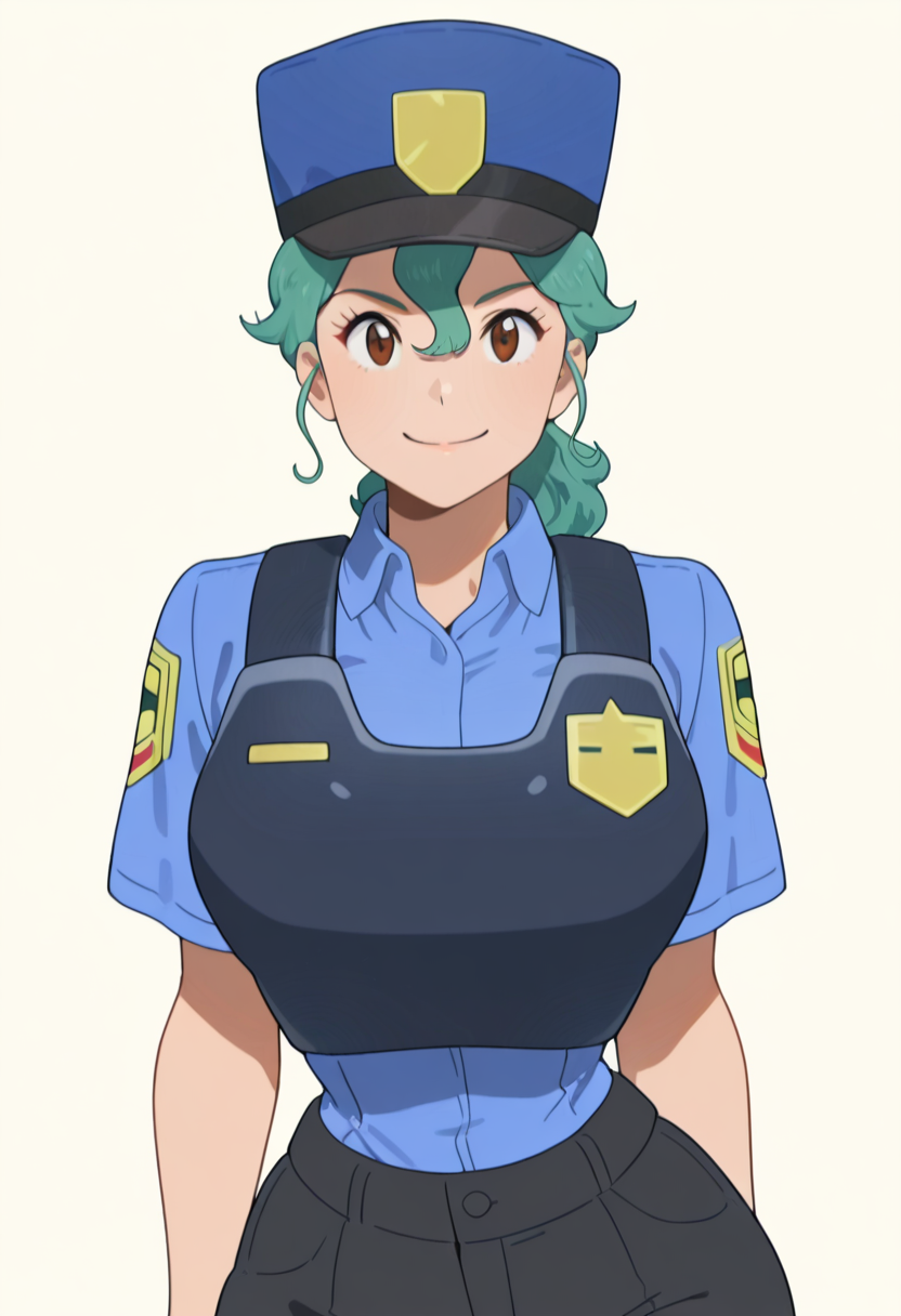 masterpiece, best quality, solo, curvy, beautiful eyes,  zzJenny, brown eyes, hair between eyes, green hair, long hair, ponytail, short hair, police uniform, policewoman, shirt, police hat, blue shirt, collared shirt, black pants,  , <lora:JennySunMoon_IXL:1.0>,, smile, looking at viewer, cowboy shot,  <lora:IckpotIXL_v1:1.0>,