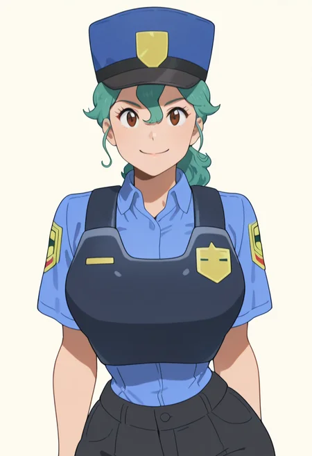 masterpiece, best quality, solo, curvy, beautiful eyes,  zzJenny, brown eyes, hair between eyes, green hair, long hair, ponytail, short hair, police uniform, policewoman, shirt, police hat, blue shirt, collared shirt, black pants,  , <lora:JennySunMoon_IXL:1.0>,, smile, looking at viewer, cowboy shot,  <lora:IckpotIXL_v1:1.0>,