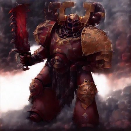 Score_9_up, absurdres, Source: GamesWorkshop, best quality, expressive eyes, perfect face, space marine, World Eaters Traitor Astartes Chapter Exalted Eightbound Berserker holding a chainsword, red armor, spiked horned astartes helmet, full body, volumetric lighting project unreal engine, mantisdetailerse, <lora:warhammerAdeptus_v1:0.7>,