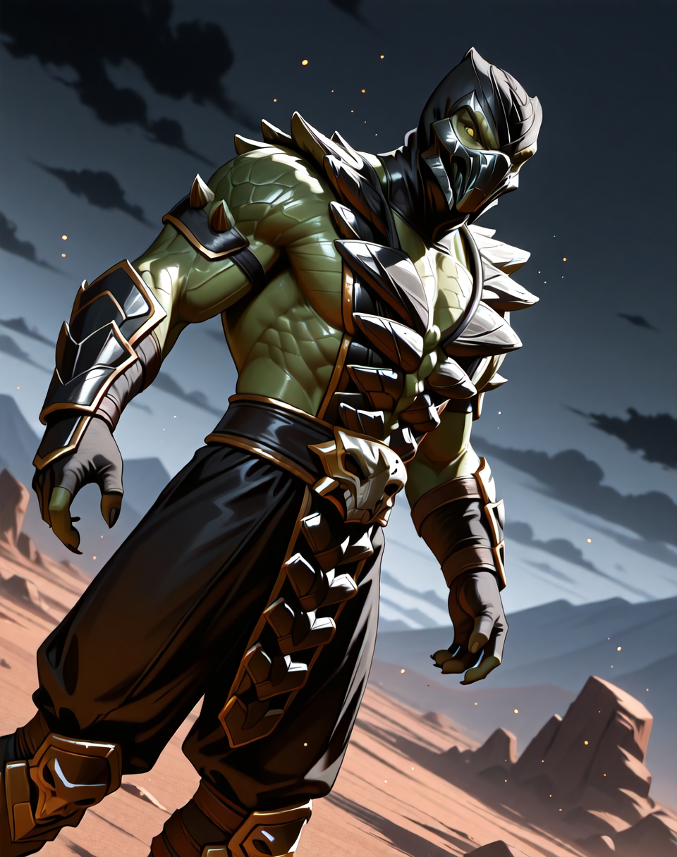 <lora:Reptile_X_(Mortal_Kombat)_(Illustrious)_(AD):1> Reptile_MK, muscular, Mortal Kombat, 
dutch angle, exterior, monumental architecture, wasteland, dark night sky with black clouds, 
male focus, gradient coloring, villain, intimidating, fierce, 
BREAK very awe, aesthetically pleasing, masterpiece, best quality, amazing quality, very aesthetic, perfect depth of field shot, in'ei, source_furry, furry_art, 
Smooth Quality, lazympos, IllustQualXL_Pos,