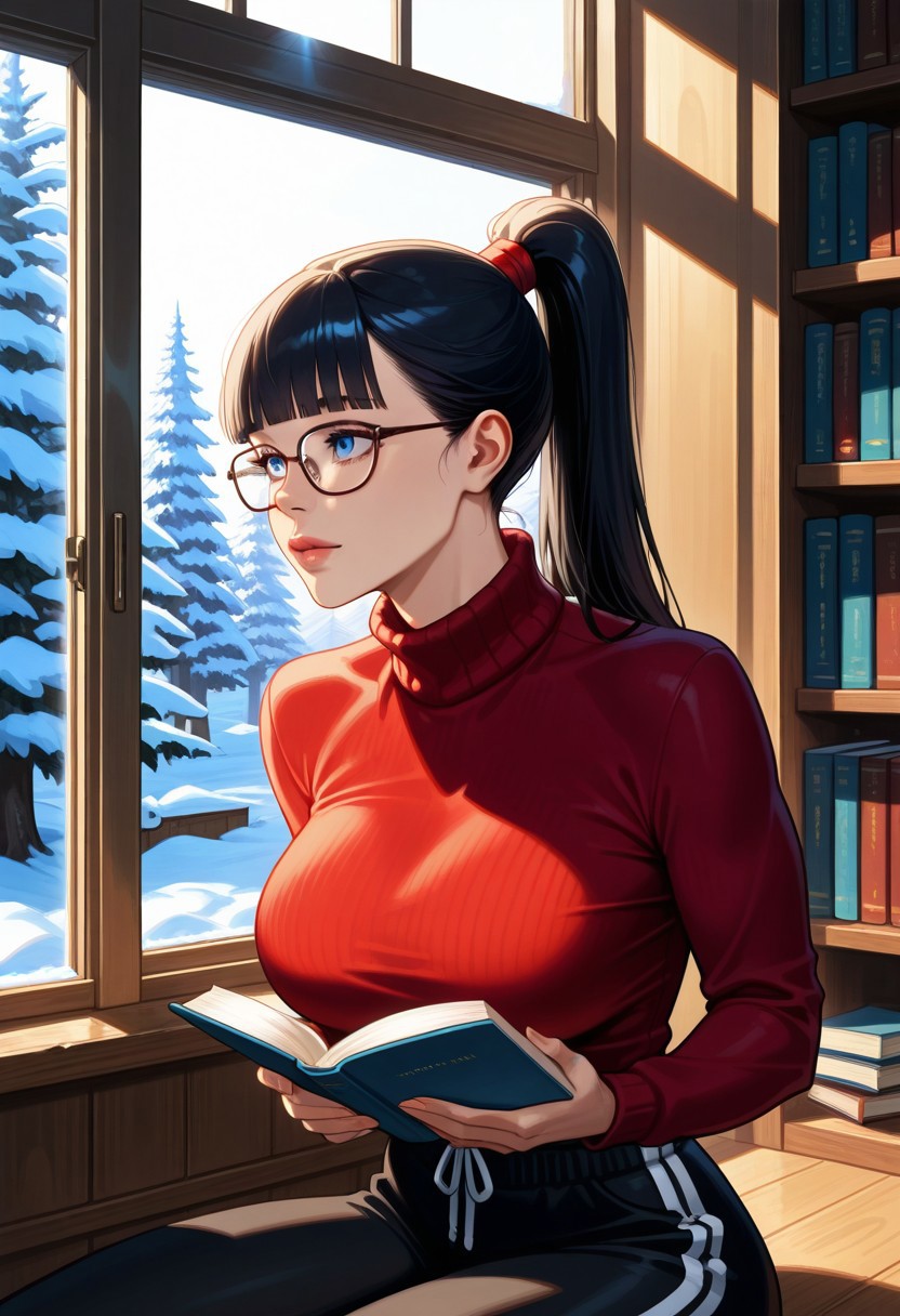 realistic, highly detailed, sunlight, god rays, winter, thepit, 1girl, upper body, 
sitting, relaxing, holding book, looking out window, looking in distance,  melancholy, 
black hair, high ponytail, blunt bangs, straight hair, red hairtie, 
blue eyes, perfect eyes, detailed face, elegant face, glasses, thick frames, nerdy, 
skindentation, detailed skin, large breasts, toned female,
turtleneck, red sweater, black sweatpants with two vertical white stripes, 
indoors, library, window,