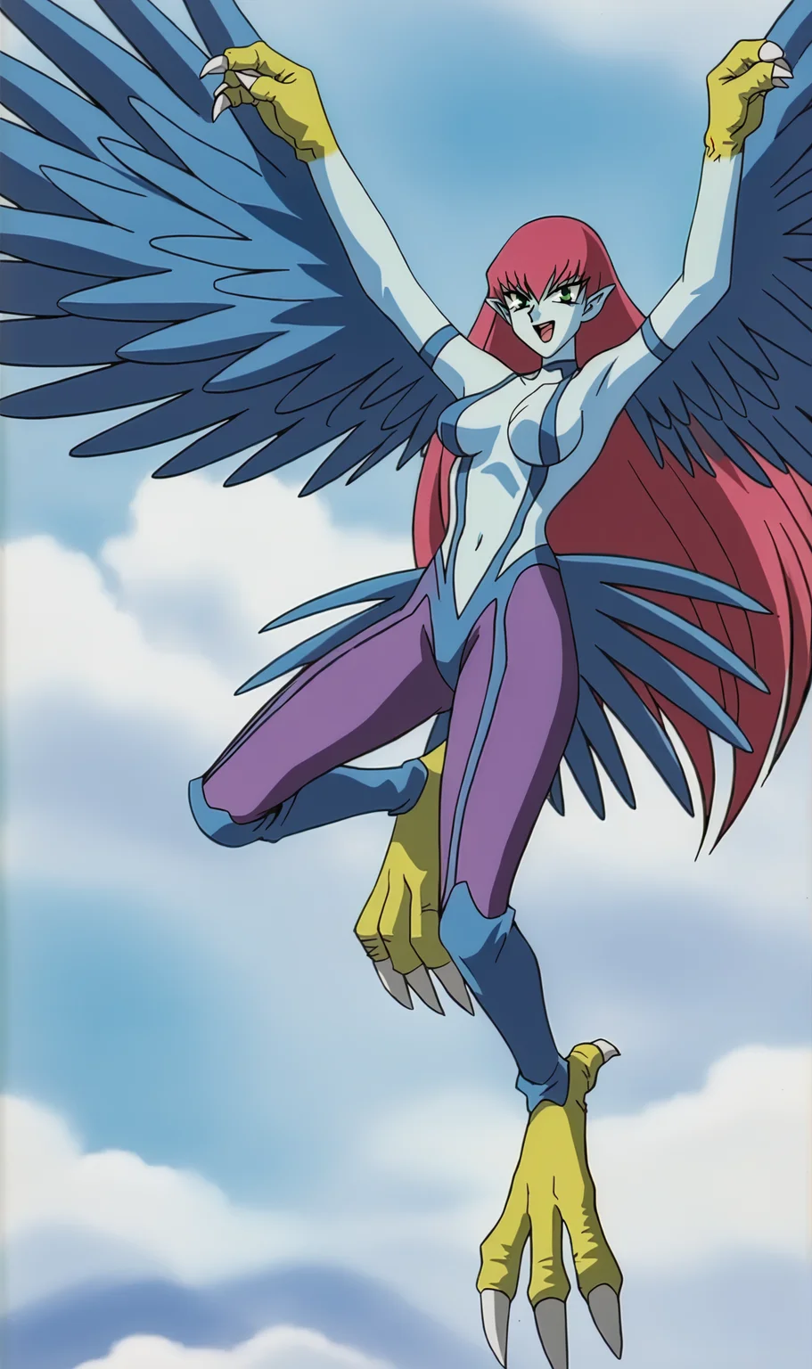 HL, 1girl, solo, retro artstyle, pink hair, long hair, green eyes, smile, looking at viewer, blue bodysuit, purple tights, open mouth, harpy, winged arms, blue wings, flying, blue sky, clouds, <lora:Harpie Lady Pony XL:0.8>