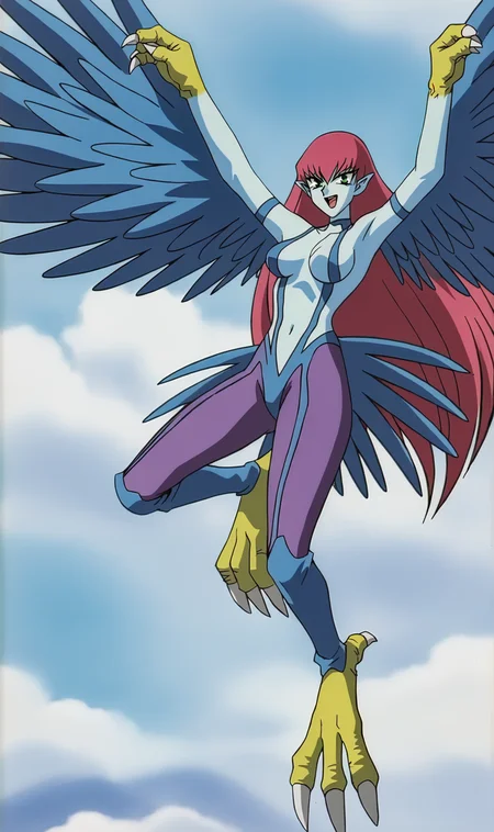 HL, 1girl, solo, retro artstyle, pink hair, long hair, green eyes, smile, looking at viewer, blue bodysuit, purple tights, open mouth, harpy, winged arms, blue wings, flying, blue sky, clouds, <lora:Harpie Lady Pony XL:0.8>