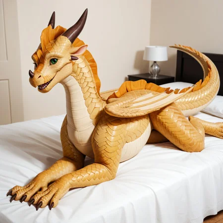score_9, score_8_up, score_7_up, score_6_up, score_5_up, score_4_up, masterpiece, high quality, realistic, detailed, best quality, white bed, solo, rating_safe, source_furry, bedroom, smiling, open mouth smile, happy, looking at viewer, lying on belly, feral, Sandwing, yellow scales, dragon, scales, horns, claws, wings, tail, Sunny_wof, bright yellow scales, female, green eyes