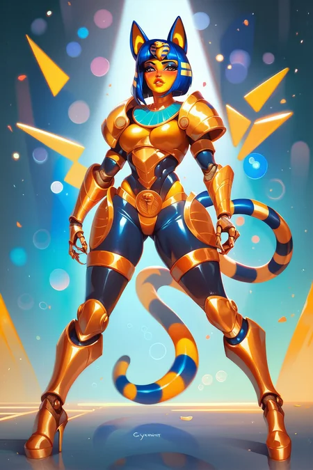 score_9, score_8_up, score_7_up, score_6_up, score_9, score_8_up, score_8, cybrk, full body ankha, art fashion, monster robot cat, badass furry cyborg, egyptian, black side eyes, blush, perfect armor, highly detailed, glossy lips, cinematic, exciting, photoshot, scifi city background, bokeh  <lora:xslxartv3:.4> <lora:cybrk-knight:1.7>
