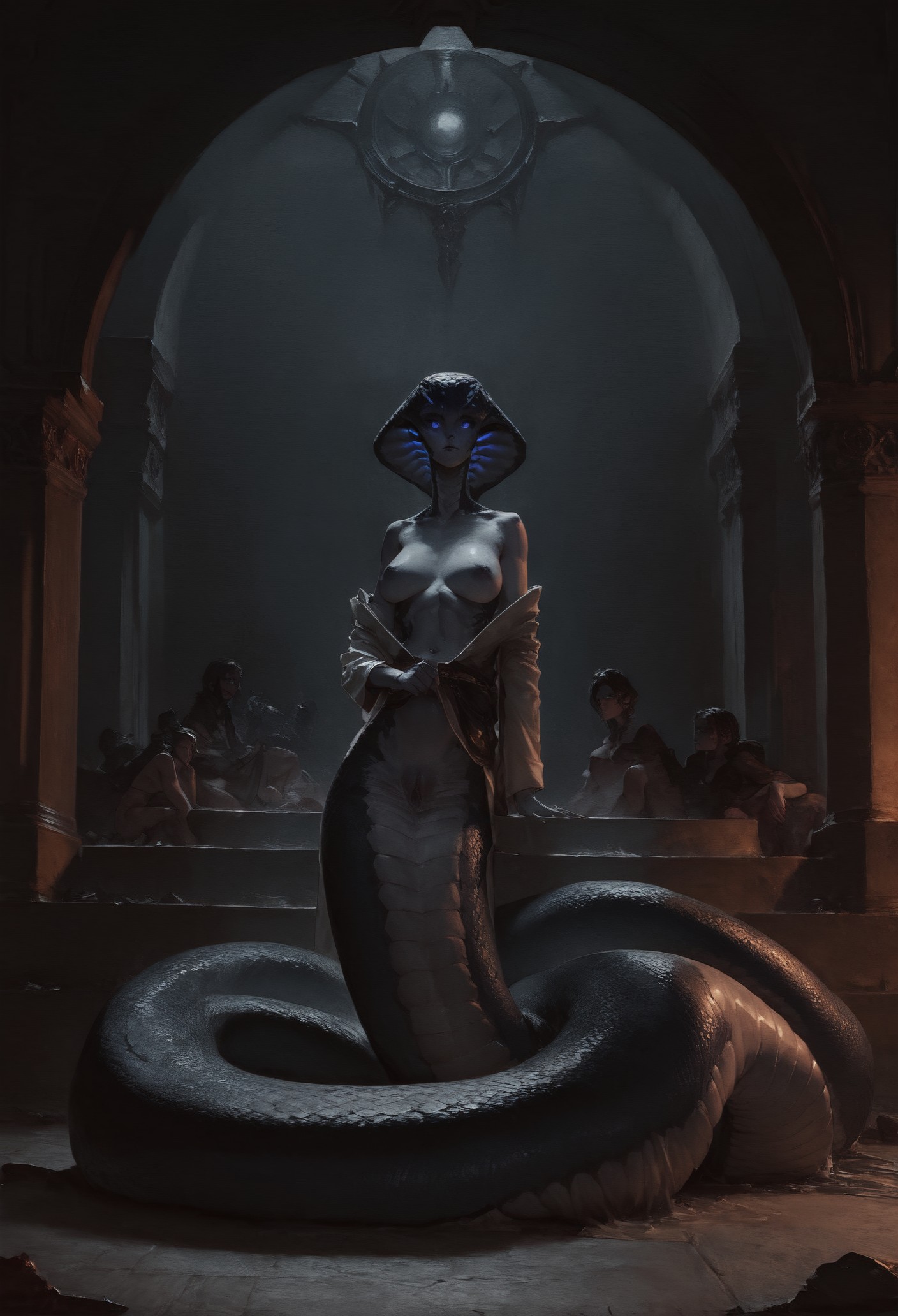 score_9, score_8_up, score_7_up,  snake scales, glowing snake eyes, snake eyes, dungeons and dragons, explicit_content, (small detail scales), pale skin, (slitted eyes), solo, 1female, traditional_media, full body, robes, naga, lamia, serpentine  <lora:pony/twilight_style:0.8> <lora:pony/expressiveh:0.8> expressiveh <lora:sdxl/sinfully_stylish_sdxl>
