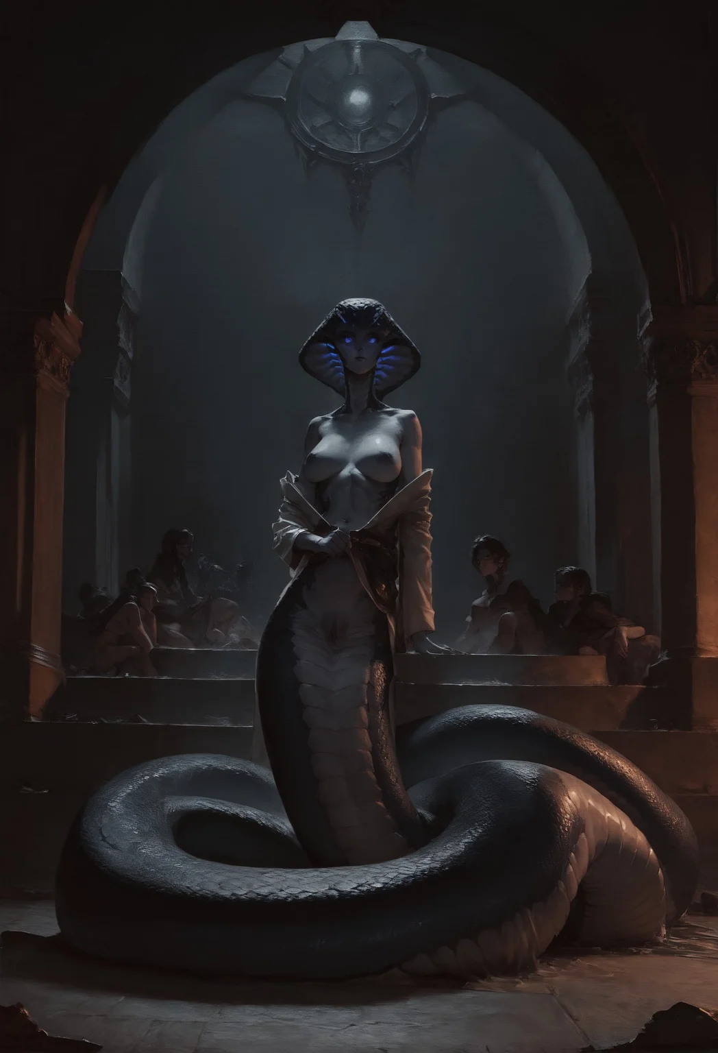 score_9, score_8_up, score_7_up,  snake scales, glowing snake eyes, snake eyes, dungeons and dragons, explicit_content, (small detail scales), pale skin, (slitted eyes), solo, 1female, traditional_media, full body, robes, naga, lamia, serpentine  <lora:pony/twilight_style:0.8> <lora:pony/expressiveh:0.8> expressiveh <lora:sdxl/sinfully_stylish_sdxl>