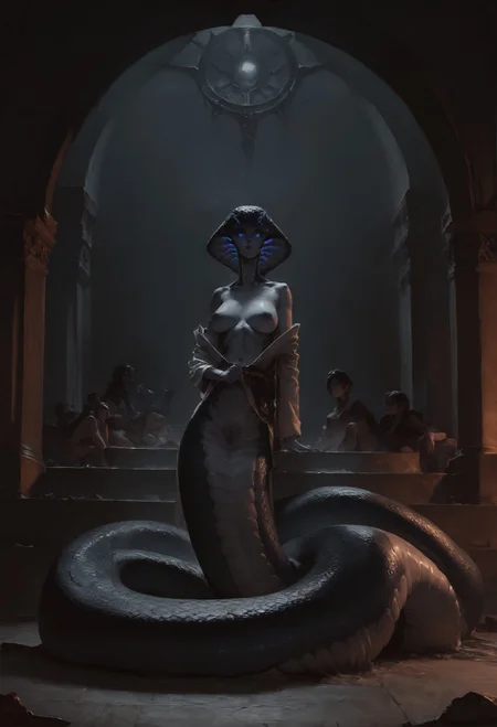 score_9, score_8_up, score_7_up,  snake scales, glowing snake eyes, snake eyes, dungeons and dragons, explicit_content, (small detail scales), pale skin, (slitted eyes), solo, 1female, traditional_media, full body, robes, naga, lamia, serpentine  <lora:pony/twilight_style:0.8> <lora:pony/expressiveh:0.8> expressiveh <lora:sdxl/sinfully_stylish_sdxl>