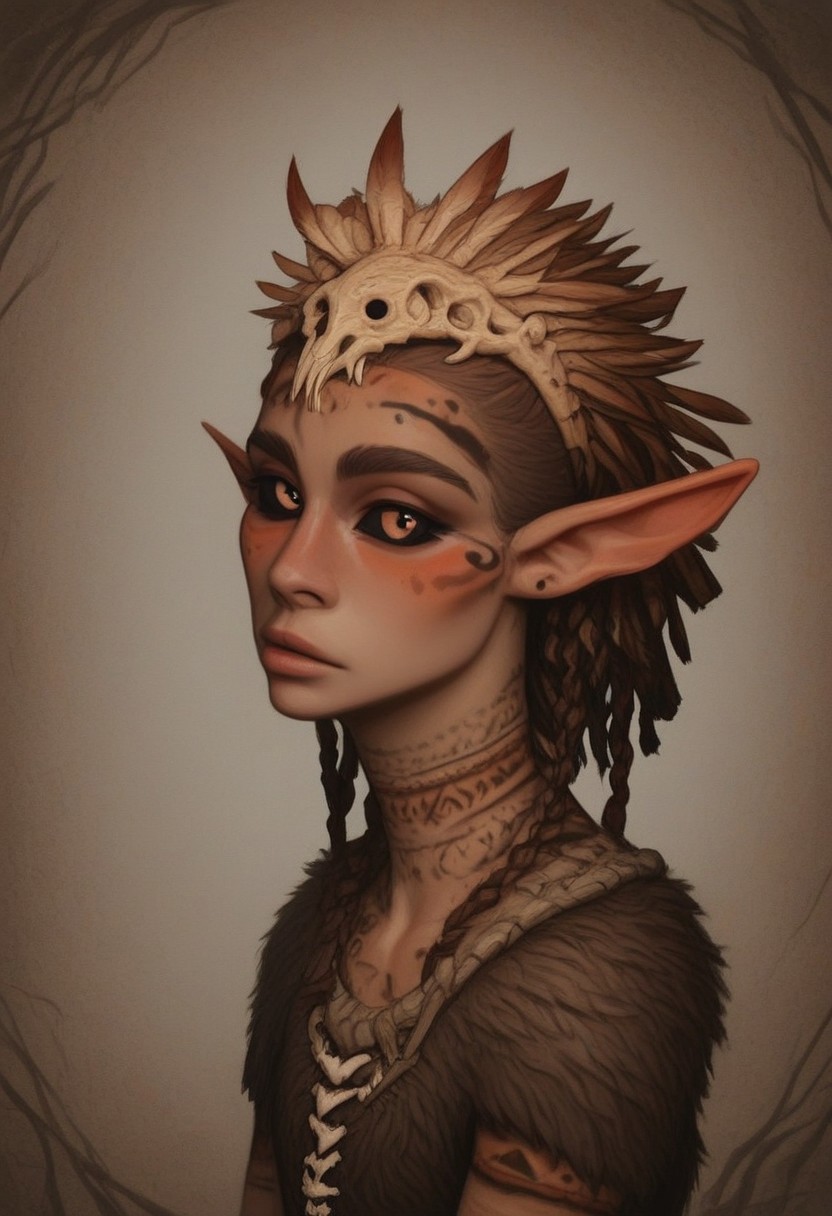 solo, bosmer, feminine, strong yet graceful, regal yet wild, bone-carved crown, elongated pointed ears, asymmetrical ear shape, snake pupils, dark bronze sclera, medieval setting, tribal leader, layered ceremonial robes, embroidered animal hides, intricate bone jewelry, deep tribal markings, eyes filled with wisdom, long wild braids wrapped in sinew, standing at a wooden throne, high wooden walls adorned with glowing runes, flickering firelight illuminating her face, tribal banners swaying in the wind, hyperrealistic details, cinematic storytelling