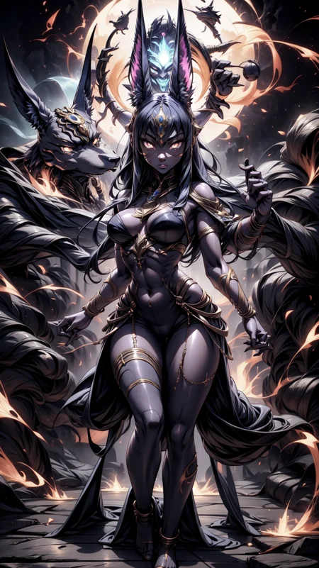 (masterpiece, best quality, ultra-detailed, intricate details),nice hands,newest, ai-generated,anime screencap,<lora:Background_Detail_v3:0.8>, <lora:add_detail:0.5> , <lora:GoodHands-vanilla:1> ,BREAK 1anubis|girl, large breasts, full body, solo, two-tone hair, solo:2, glowing, aura,Shadow Magic,fog, armored dress, at a parade,twightlight,Muggy and overcast, ( hair over shoulder), (hair flaps:1.2), asymmetrical bangs, red hair, (very long hair),BREAK, arm behind back,Heavy contouring and bright pink lips, <lora:Anubis:0.9> Anubis,((Anubis mask, metall mask ,mouth mask, egyptian mask:2,Wear a mask,long snout )):2,outdoors, covering face:2 , <lora:ARWgodanubis:0.9> godanubis, jackal head ,fur-trimmed short jacket, shoulder spikes,full yellow bodysuit, <lora:ultrainstinct_v3_offset:0.8> ultrainstinct, aura <lora:gender_slider_v1:1.1> <lora:AnzhcMask_577380:0.5> anzhcmask
