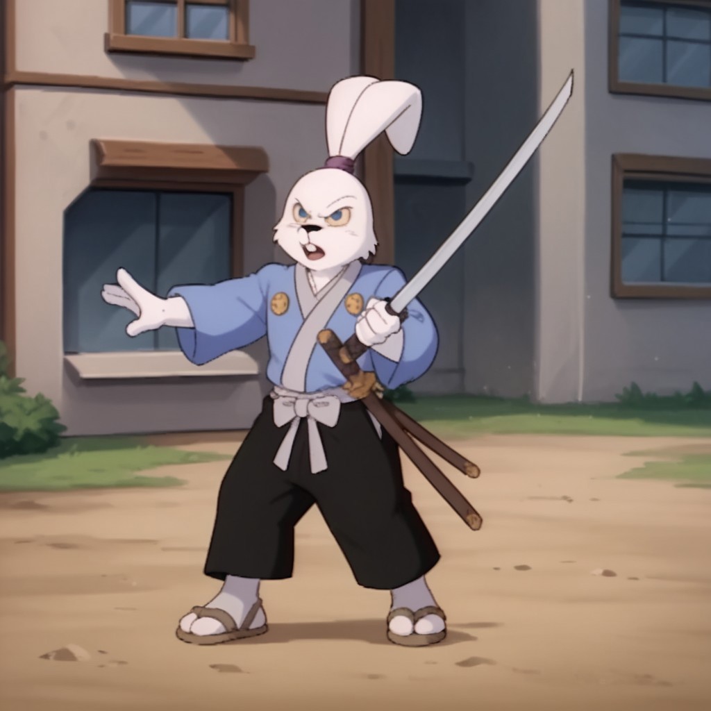 score_9, score_8_up, score_7_up, score_6_up, score_5_up, score_4_up, source_furry, Usagitmnt, anthro, male, rabbit, white fur, rabbit ears, buck teeth, blue eyes, yellow sclera, blue shirt, long sleeves, black pants, ears tied, topknot, purple hairband, socks, sandals, standing, outside, holding, katana, fighting stance