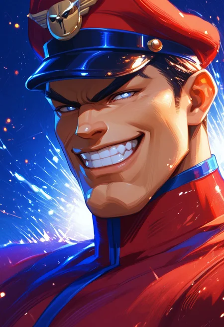 score_9, score_8_up, score_7_up, 1boy, M bison, (street fighter), red uniform, hat, grin, white eyes, peaked cap, manly, 
night,  close up, particles