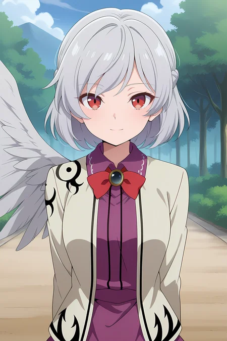 absurdres, highres, masterpiece, best quality, amazing quality, official anime artwork, screencap, anime screencap, outdoors, looking at viewer, light smile,
<lora:Sagume-Kishin_Illustrious:1> kishin sagume, 1girl, solo, red eyes, grey hair, short hair, french braid, single wing,, red bowtie, white jacket, long sleeves, purple dress,