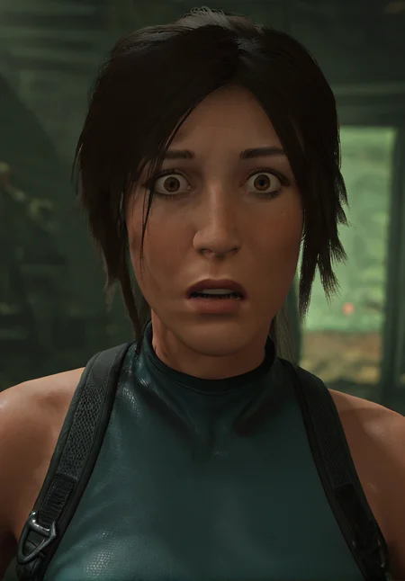 score_9_up, score_8_up, score_7_up, Lara Croft, brown hair, brown eyes, ponytail, medium breasts BREAK steaming breath, (close up, face focus, surprised, looking at viewer), solo, realistic, indoors, best quality, high quality
