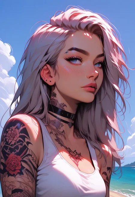 Score_9, Score8_up, Score_7_up, (((High Resolution, Best Quality))), Covered in Tattoos, hand on head, brushing hair behind ear, 
Tanktop, cutoff, choker, 
On a Cliff overlooking a beach, Cloudy Sky,