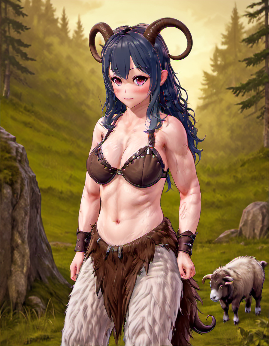 <lora:Futaba_Fukuyama:.8> Futaba,, 1girl, solo, standing, full body, leather bra,  <lora:RPGSatyrXL:.6>, animal ears, curled horns, earrings, fur, fur trim, goat horns, hooves, horns, long hair, looking at viewer, muscular, navel, pointy ears, satyr, sheep ears, tail, tattoo,