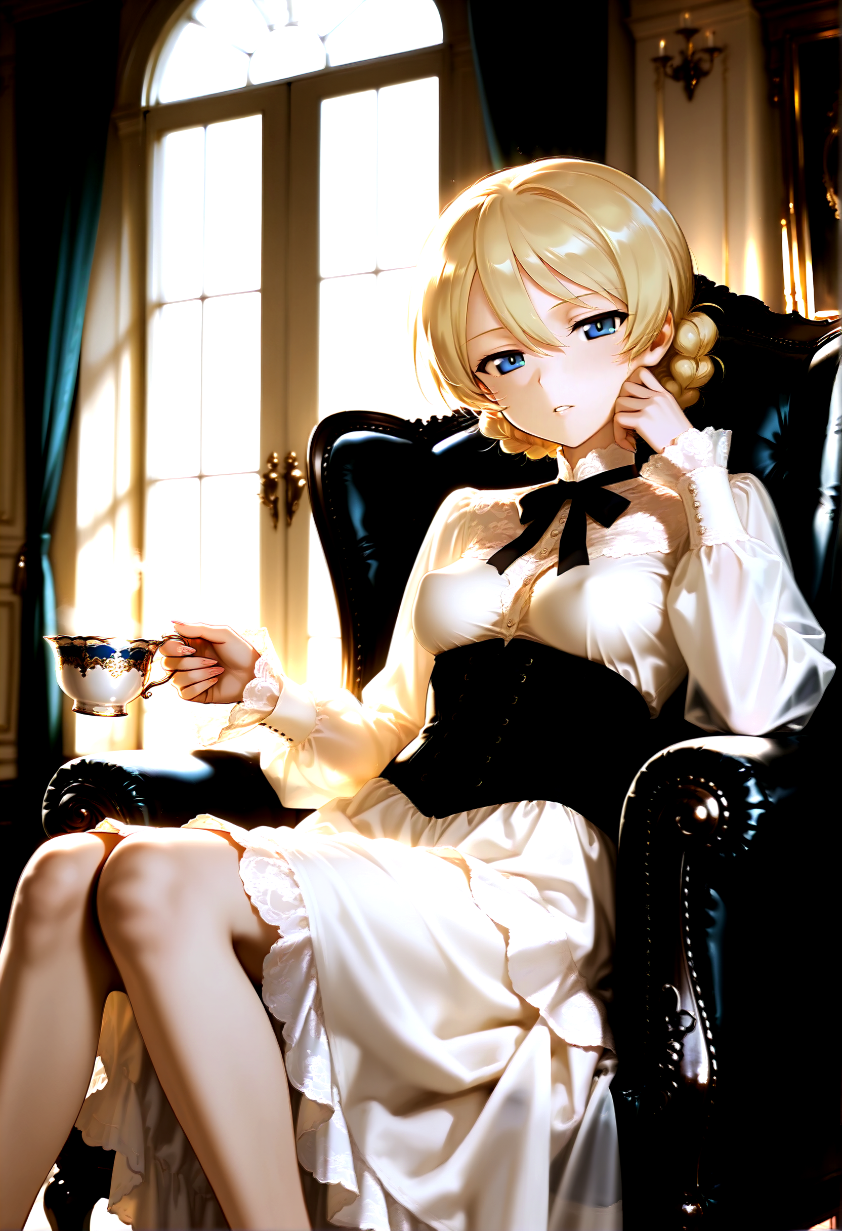 darjeeling \(girls und panzer\), blue eyes, petite, alternate costume, blonde hair, looking at viewer, half-closed eyes, parted lips, manicured fingernails, perky breasts, corset dress, ornate clothes, white lace, long sleeves, sheer sleeves, black neck ribbon, lace, bent legs, knees together, feet apart, black armchair, hand on own face, holding tea cup, victorian architecture, dark, backlighting, light rays, bloom, window, curtains, BREAK
masterpiece, best quality, photo background, photography \(artwork\), photo \(medium\), detailed, detailed background, detailed clothing, detailed hair, wrinkles, skin folds, intricate, volumetric lighting, dramatic lighting, very awa, very aesthetic, dynamic,