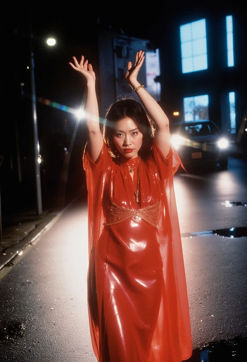90s Tokyo erotica, Ethereal Japanese muse, veiled in crimson tresses, her Greek goddess-inspired gown swirling with Bohemian flair. Red lips whisper secrets to the wind, while dark shadows dance upon her lids. A gentle smile, a whispered promise. As the portrait's edges surrender to the canvas's whispers, the subject dissolves into the surrounding haze, leaving only the echoes of a masterpiece. dancing with hands in the air, garment made of plastic similar to a raincoat, jewelry. in the streets of tokyo, wet street, at night, tokyo city, tokyo lights, 90s, 90STOKYO, low light, grainy, visible noise, reflections