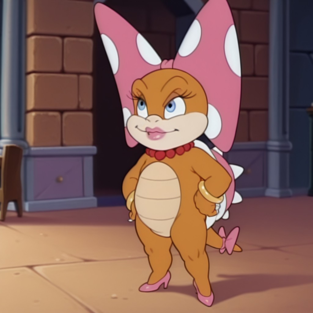 masterpiece, best quality, amazing quality, KootieASMB3, semi-anthro, female, turtle, orange-yellow skin, blue eyes, pink shell, spiked shell, red pearl necklace, gold bracelets, pink_head_bow, pink_tail_bow, pink high heels, pink lipstick, solo, full body, standing, hand on hips, in castle,, <lora:8eabbf47-8ca4-48f8-807f-74ec4e22695a:1.0>