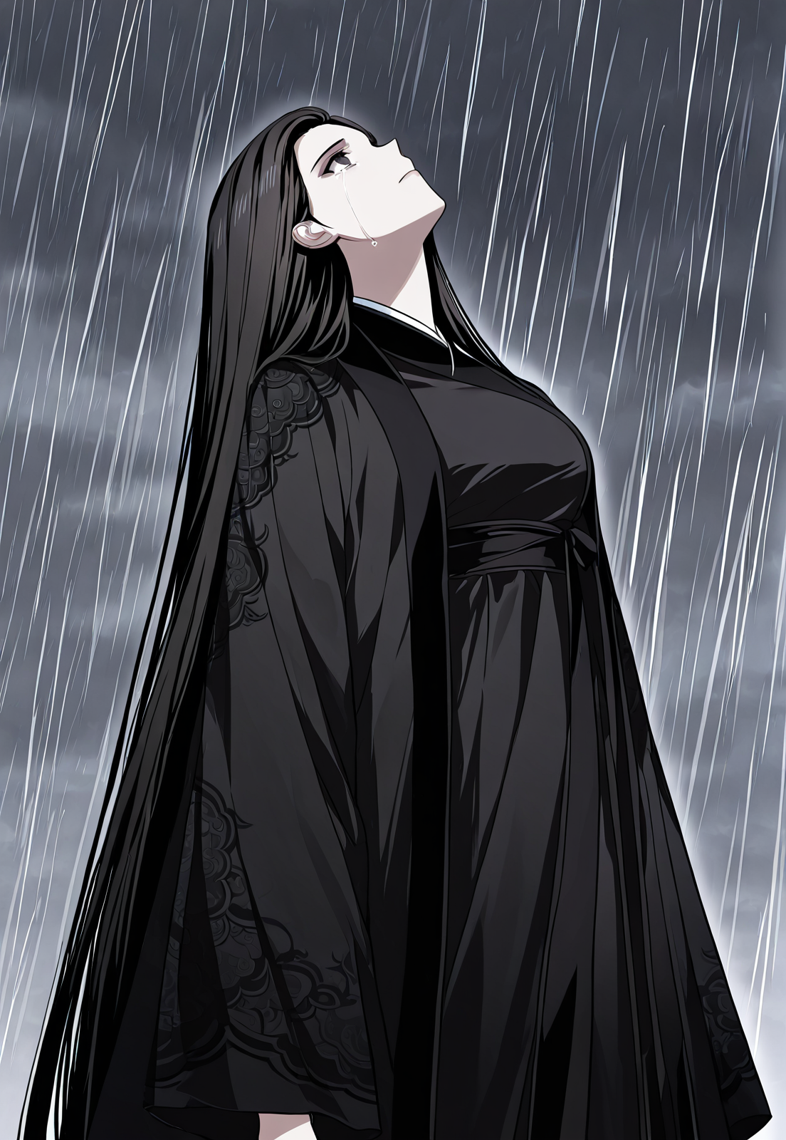 <lora:Seo_Baek_Hyang__SSS_Class_Suicide_Hunter__Illustrious:1>
1 girl, solo, black eyes, black hair, long hair, straight hair,
black hanfu, long flowing robe, embroidered sleeves, wide sleeves, layered dress, sash belt,
masterpiece*portrait, glowing eyes, shiny hair, lustrous skin, solo, embarassed, looking up, rain, grey sky, head back, full body, outdoors, crying
