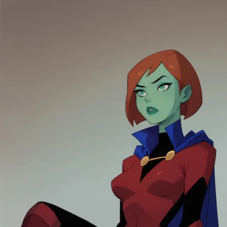 safe_pos, score_9, score_8_up, score_7_up, solo, 1girl, lipstick, short hair, red hair, bob cut, colored skin, green skin, aqua eyes, blue cape, bodysuit, red gloves, red knee boots, breast, miss martian