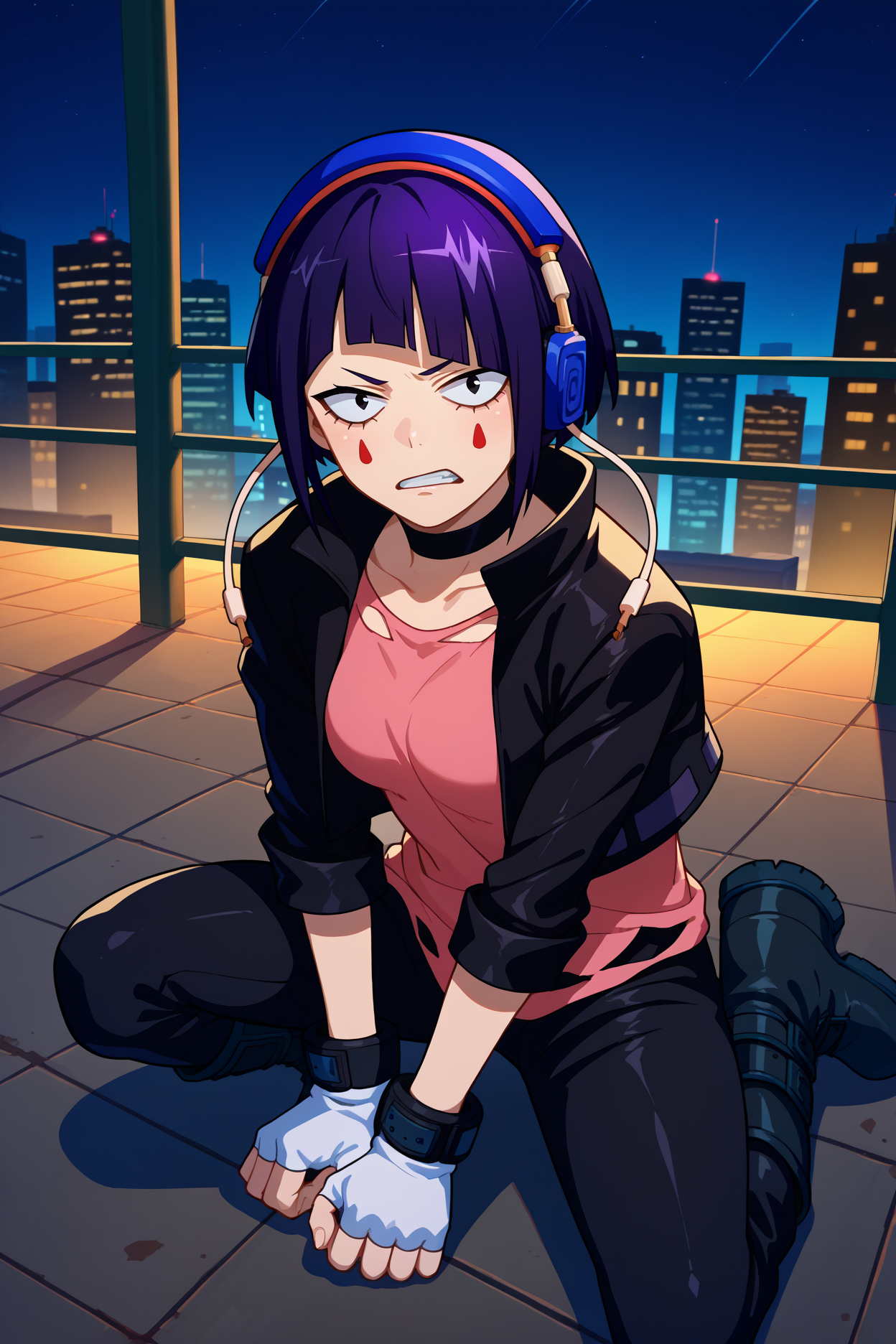 score_9, score_8_up, score_7_up, score_6_up, source_anime, 1girl, solo  <lora:kyoukajiro-pdxl-nvwls-v1-000006:1> bnhakj, black hair, purple hair, short hair, blunt bangs, black eyes, audio jack, long earlobes, facial mark, choker, black jacket, pink shirt, torn shirt, black pants, white gloves, fingerless gloves, black boots, headphones, medium breasts, clenched hands, clenched teeth, serious, one knee, on ground, city, night, from above, looking up, looking at you