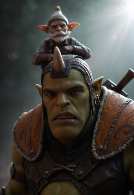 <lora:alhimist_v1:0.75>, alhimist_v1,
2boys,multiple boys,
goblin, orc, pokemon \(creature\),
black eyes,
facial hair,mustache, beard,
single horn,
colored skin, green skin,
pointy ears, teeth,
earrings, nose piercing,
brown footwear, armor, gloves, hat, helmet, pants, torn clothes,, score_9, score_8_up, score_7_up, score_6_up, derpibooru_p_95,
detailed eyes, beautiful, detailed background, perfect eyes,
solo,
__FULL__
blur censor, blurry, blurry background, blurry foreground, bokeh, motion blur,
chromatic aberration, depth of field, figure, focused, focus
absurdres, amazing quality
photography, realistic sun light and shadows, photorealism, UHD --ar 9:16 --style raw --stylize 700,
rating_safe, cinematic, cinematic photo, close-up, portrait, orange rim lighting, atmospheric, bokeh, dynamic angle, vibrant lighting, dramatic shadows, highly detailed, realistic, high contrast, extremely detailed, photorealistic, professional, detailed skin, depth of field, film grain,