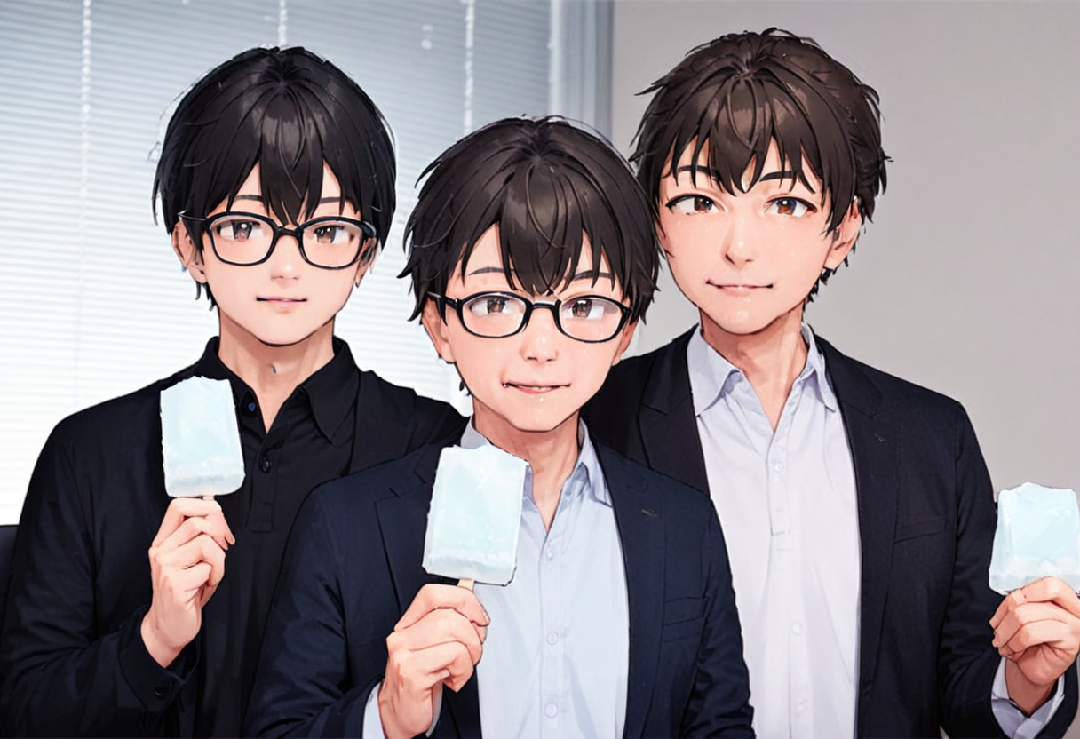 masterpiece, best quality, very aesthetic, absurdres,
garigarikun, food, multiple boys, male focus, 3boys, shirt, blinds, looking at viewer, white shirt, jacket, black hair, collared shirt, holding, black shirt, parted lips, black jacket, brown hair, holding food, formal, short hair, open clothes, smile, glasses
 <lora:garigarikun_SDXL_V1:1>