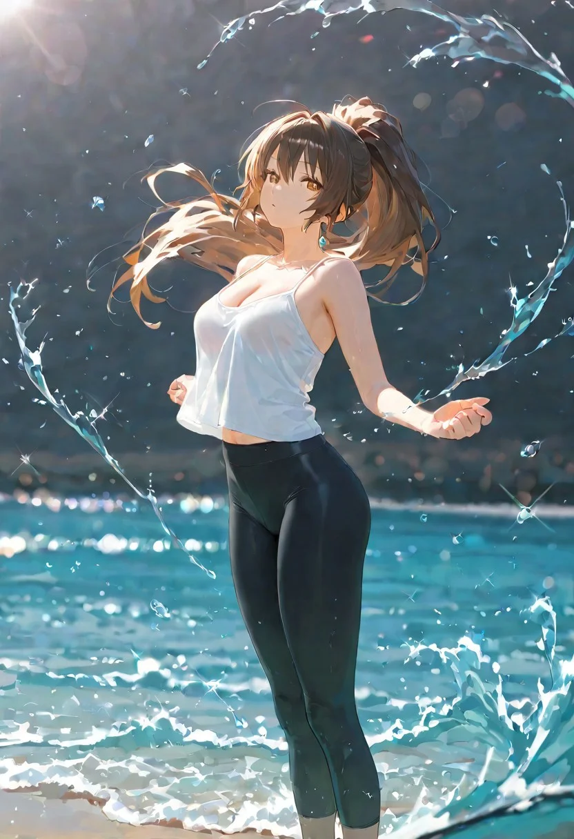 1girl,SmoothNoob_Quality,masterpiece,best quality,high resolution,ultra-detailed,anime style,anime art,splashed water around,soft lighting,delicate skin texture,elegant posture,dynamic water droplets,cinematic composition,vibrant colors,smooth gradients,ethereal atmosphere,artistic framing,sensual yet tasteful,balanced proportions,harmonious details,refined aesthetics,high contrast,depth of field,professional rendering,sophisticated design,alluring charm,graceful movement,visually stunning,emotionally engaging,timeless beauty,flawless execution,perfect anatomy,exquisite details,breathtaking scenery,enchanting aura,mesmerizing appeal,ultimate perfection,dynamic lighting with shadows and highlights,depth of field,ultra-realistic textures,8k resolution,incredible details,retina quality,strong impact close-up shot,fish eye lens shot,shot from top to bottom,face close-up shot,face shot,
brown long hair in ponytail,hair scattered,E cup breasts,very soft breasts,long sleeves,spaghetti strap,cleavage,yoga pants,white loose camisole,
front view,frontal pose,looking up at viewer,supermodel posture,hang bell breasts,standing with legs together,bend down