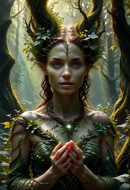 score_7 up, A detailed image of a dryad, a mythical tree spirit, in a dense, lush forest at night. The dryad is a young mature woman, seamlessly blending with the natural elements. She has green bark-like skin, leaves in her hair, and vines wrapping around her arms. The forest is filled with towering trees, thick underbrush, and a variety of foliage. There is a mystical, yet natural feel to the environment, conveying a sense of harmony and tranquility. Surrounded by fairydust in an enchanted forest.
(((upper body))),
<lora:add-detail-xl:1>
<lora:Dynamic Poses:1>, Dryad, 3nch4nt3d f0r3st