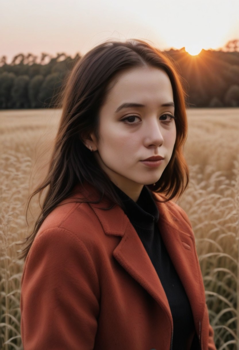 cinematic film still, close up, photo of brown hair girl near grasses, fictional landscapes, (intense sunlight:1.4), realist detail, brooding mood, ue5, detailed character expressions, light amber and red, amazing quality, wallpaper, analog film grain, jacket, b3m3l0dy