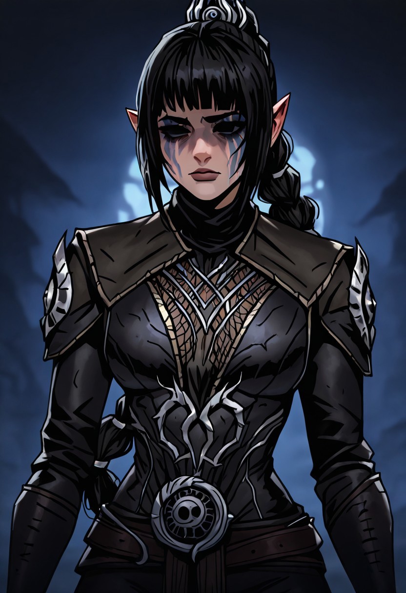 masterpiece, best quality, newest, absurdres, highres, DDstyle, official style, black eyes, shaded eyes, 
1girl, shadowheart \(baldur's gate\), long braid, elf, pointy ears, black hair, braid, side bangs,