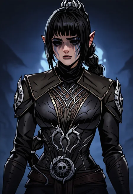masterpiece, best quality, newest, absurdres, highres, DDstyle, official style, black eyes, shaded eyes,
1girl, shadowheart \(baldur's gate\), long braid, elf, pointy ears, black hair, braid, side bangs,