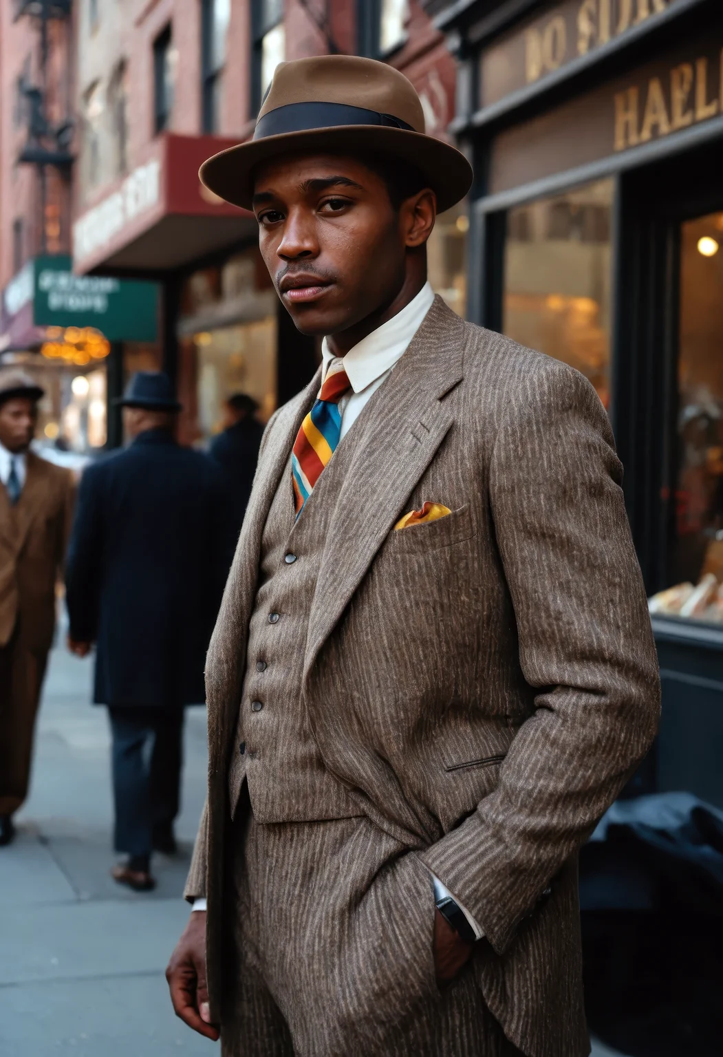 An ultra-realistic 8k RAW portrait of a serious Black man in 1920s Harlem, wearing a vintage wool suit with a worn texture, striped shirt, and a bold, colorful tie, topped with a brown felt fedora, standing on a bustling city street with muted storefronts and blurred passersby in the background, cinematic lighting casting soft shadows across his deeply expressive face, timeless and melancholic, evoking the grit and pride of the Harlem Renaissance, analog film grain with slightly desaturated colors and medium format lens capturing fine facial texture, clothing fibers, and vintage ambiance