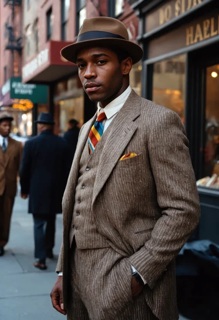 An ultra-realistic 8k RAW portrait of a serious Black man in 1920s Harlem, wearing a vintage wool suit with a worn texture, striped shirt, and a bold, colorful tie, topped with a brown felt fedora, standing on a bustling city street with muted storefronts and blurred passersby in the background, cinematic lighting casting soft shadows across his deeply expressive face, timeless and melancholic, evoking the grit and pride of the Harlem Renaissance, analog film grain with slightly desaturated colors and medium format lens capturing fine facial texture, clothing fibers, and vintage ambiance