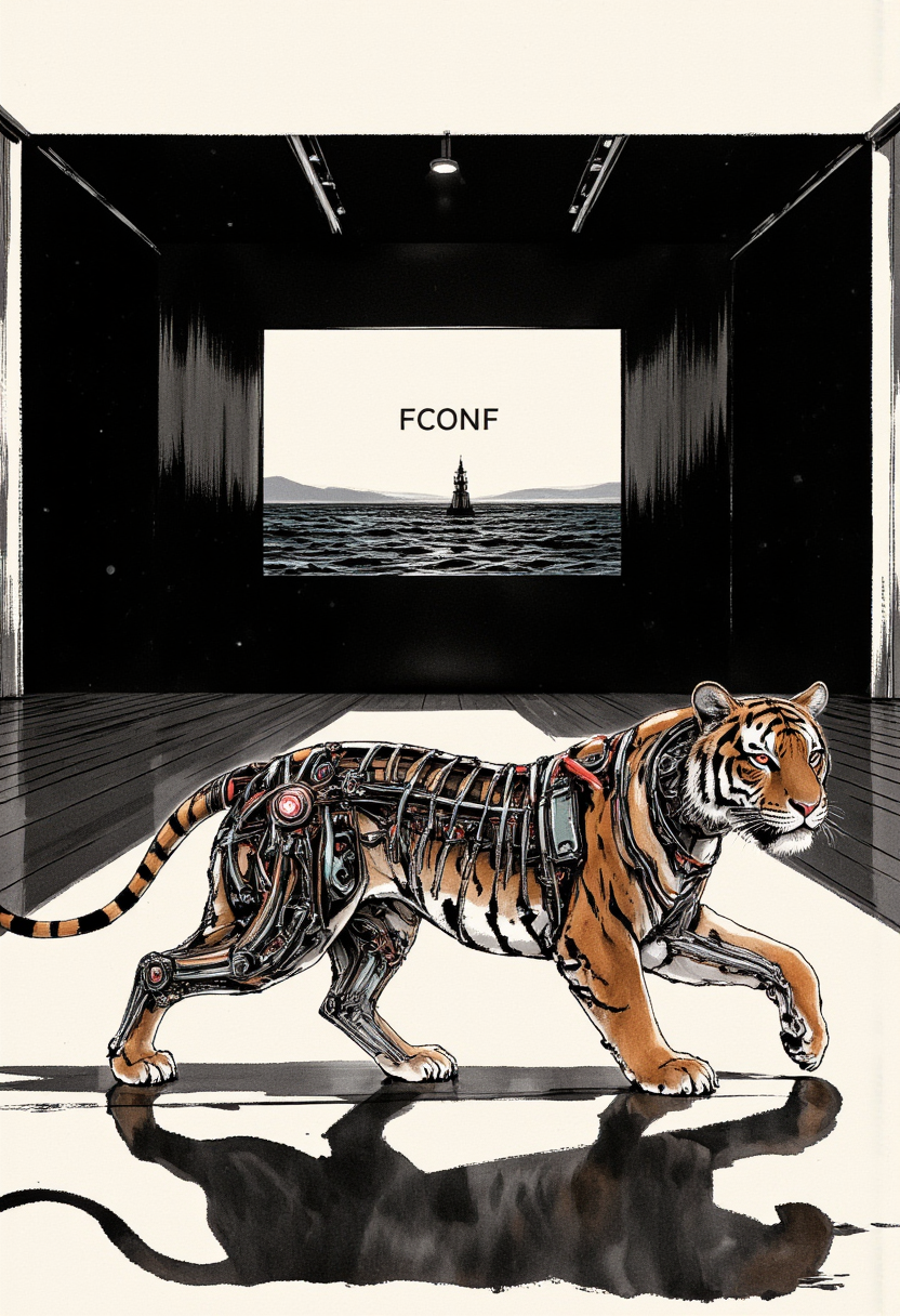 An image in style of (ink wash painting:1.5), featuring (side profile:1.5) of cybernetic tiger walking towards the left of the frame on the black wooden floor. The tiger has a natural organic front half with detailed fur texture, while its rear half is exposed mechanical, revealing intricate metal skeleton, wires, and tubes without skin. The tiger's eyes glow red intensely, symbolizing its synthetic nature. It walks across a technology exhibition platform in the center of the composition. Behind the platform lies complete darkness except for a large projection screen showing a vast ocean with a solitary lighthouse standing against the dark horizon. The screen features a black background with the title "FConf" prominently displayed in the center.