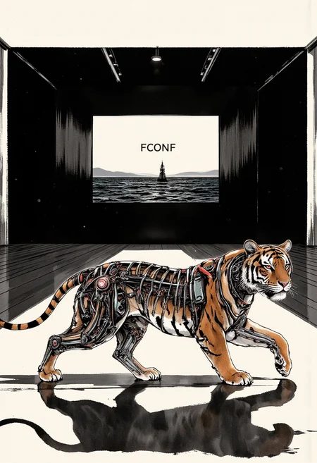 An image in style of (ink wash painting:1.5), featuring (side profile:1.5) of cybernetic tiger walking towards the left of the frame on the black wooden floor. The tiger has a natural organic front half with detailed fur texture, while its rear half is exposed mechanical, revealing intricate metal skeleton, wires, and tubes without skin. The tiger's eyes glow red intensely, symbolizing its synthetic nature. It walks across a technology exhibition platform in the center of the composition. Behind the platform lies complete darkness except for a large projection screen showing a vast ocean with a solitary lighthouse standing against the dark horizon. The screen features a black background with the title "FConf" prominently displayed in the center.