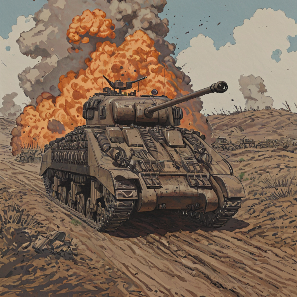 tank driving over a battlefield, crossing trenches and craters, mud, barbed wire, explosions, smoke, fog of war, rubble, frflytnk, vehicle focus  ((pulp_comic, heavy_lines, hand_drawn, hand_inked, hand_colored, apxlz))