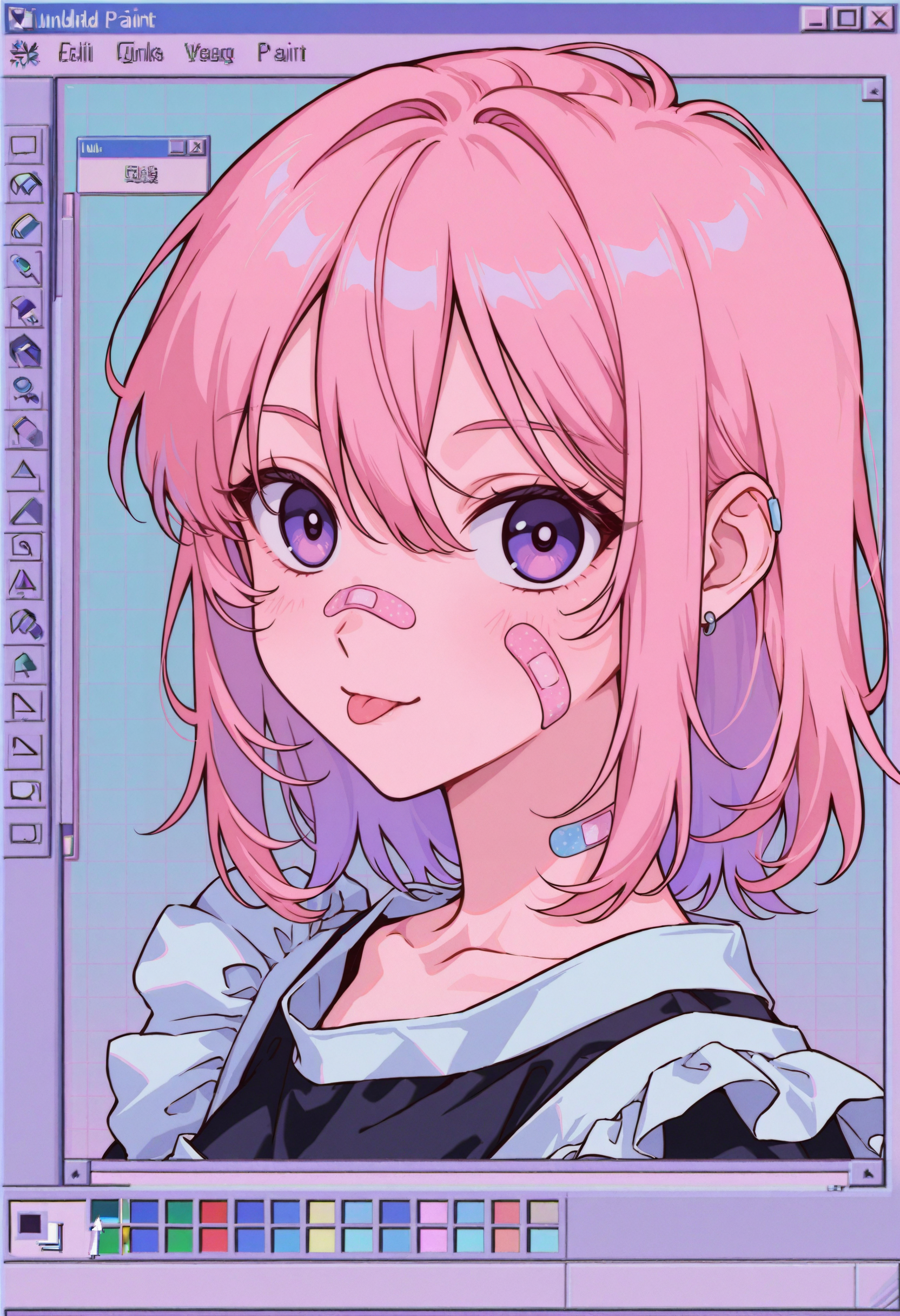 windows_98, microsoft_windows, microsoft_paint_(software), windows_95, windows_classic, window_(computing), window_(computing), desktop_(computing), cursor, taskbar, error_message, vaporwave, bandaid, tongue out, solo, tongue, bandaid on face, looking at viewer, pink hair, medium hair, jewelry, earrings, bandaid on cheek, shirt, 1girl, :p, portrait, maid, hair between eyes, english text, purple eyes, civchan