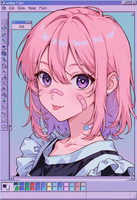 windows_98, microsoft_windows, microsoft_paint_(software), windows_95, windows_classic, window_(computing), window_(computing), desktop_(computing), cursor, taskbar, error_message, vaporwave, bandaid, tongue out, solo, tongue, bandaid on face, looking at viewer, pink hair, medium hair, jewelry, earrings, bandaid on cheek, shirt, 1girl, :p, portrait, maid, hair between eyes, english text, purple eyes, civchan