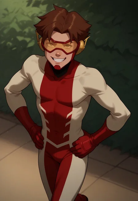score_9, score_8_up, score_7_up, highly detailed, cute boy, 1boy, solo, Impulseyj, red framed goggles yellow lenz, red and white bodysuit, brown hair, smug smile, hands on hips, running motion,