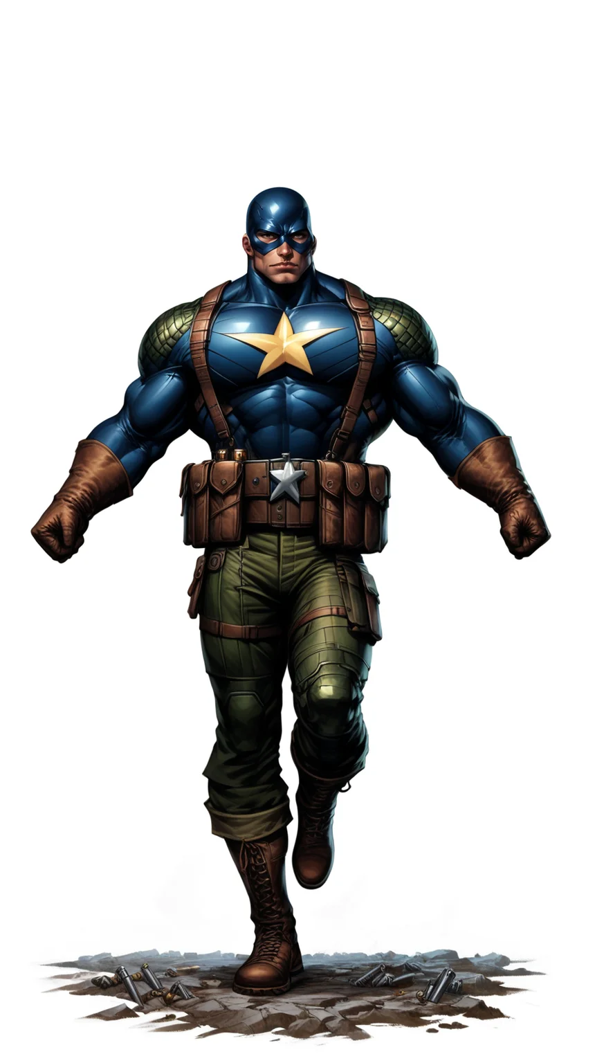 score_9, score_8_up, score_7_up, a man with a strong jaw in a tactical navy blue (muscled superhero costume with green armored highlights:1.2), (m1 helmet:1.4), (superhero domino mask:1.2), leather gloves, laced combat boots, bullet bandolier across his chest, (eagle crest on chest:1.2), gunslinger belt, huge biceps, (white background:1.2), character design, concept art, detailed face, high Detail, Sharp focus, dramatic pose, (full body shot:1.2), (solo:1.2), <lora:ArtgermLycoXL:0.5> <lora:c0rb3nXLP:0.5> c0rb3n <lora:detailed_hands:1> hands, <lora:ComicsPonyXL_V2:0.7> Comistyle <lora:WW2_Superhero_Costume-000019:0.7>