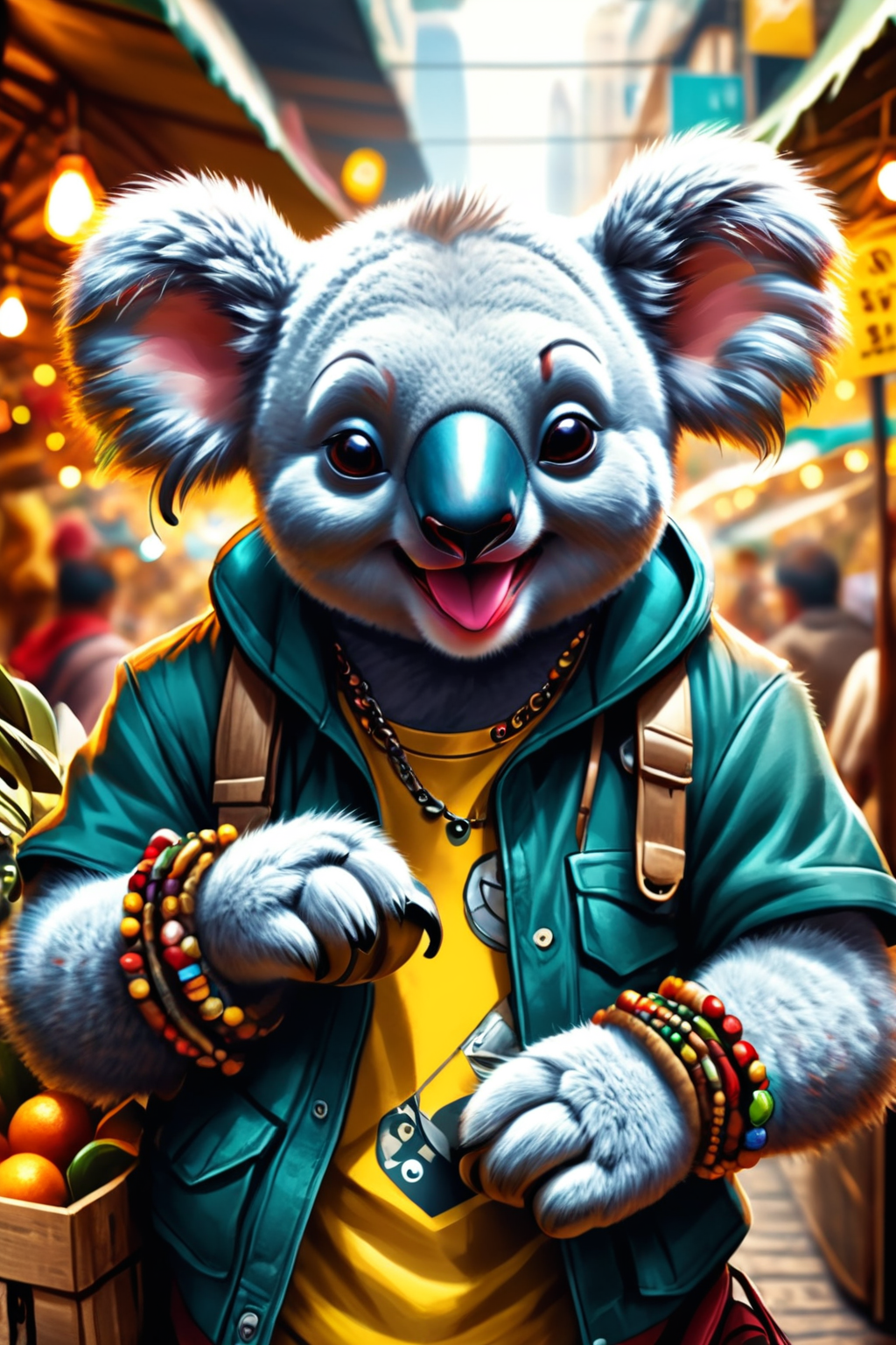 Detailed digital illustration of an anthro Koala (Winking playfully, cheeky expression) at a Underground market with encrypted currency transactions, <lora:xl_more_art-full_v1:0.5>,  <lora:anthro_muscular:0.7>,  <lora:MJ52:0.6>, <lora:madpunk:0.4> madpunk